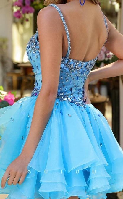 GH893 -  A-Line Strapless Straps Sleeveless Crystal Tulle Tiered Homecoming Dress