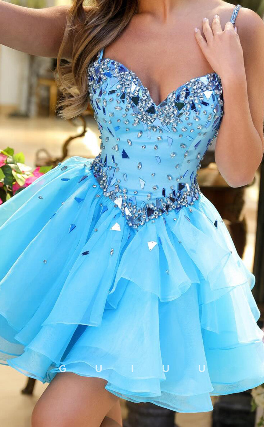 GH893 -  A-Line Strapless Straps Sleeveless Crystal Tulle Tiered Homecoming Dress