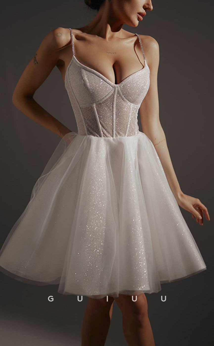 GW1060 - A-Line Strapless Straps Sleeveless Fully Sparkly Lace Up Mini Wedding Dress