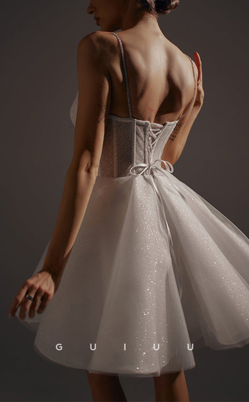 GW1060 - A-Line Strapless Straps Sleeveless Fully Sparkly Lace Up Mini Wedding Dress