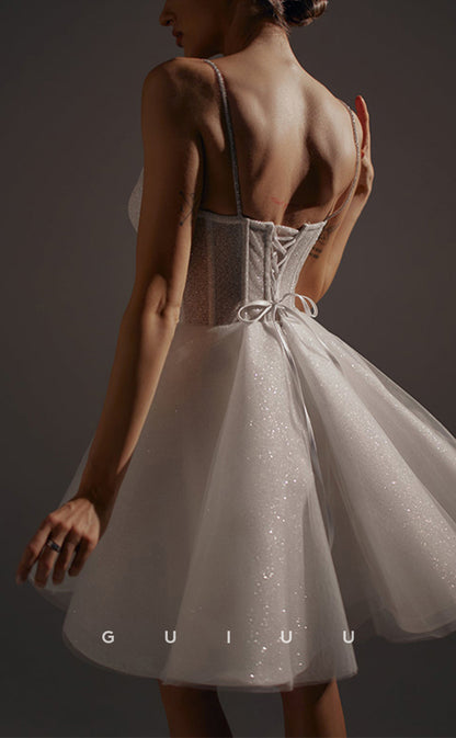 GW1060 - A-Line Strapless Straps Sleeveless Fully Sparkly Lace Up Mini Wedding Dress