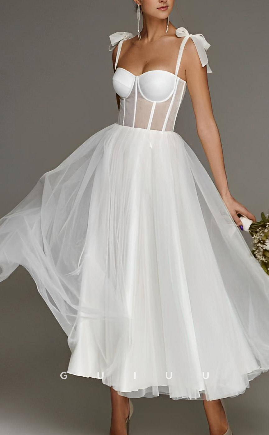 GW1064 - A-Line Strapless Straps Sleeveless Pleated Back Zipper Tea Length Wedding Dress