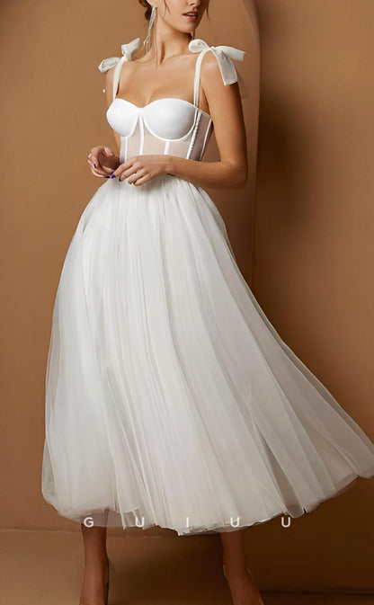 GW1064 - A-Line Strapless Straps Sleeveless Pleated Back Zipper Tea Length Wedding Dress