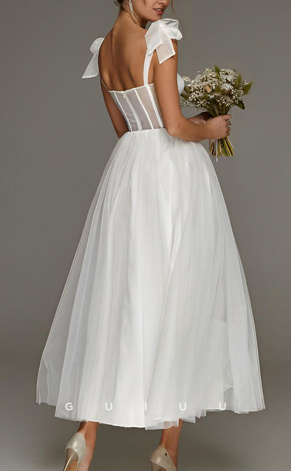 GW1064 - A-Line Strapless Straps Sleeveless Pleated Back Zipper Tea Length Wedding Dress