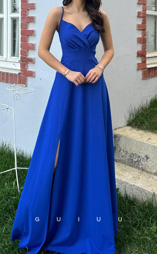 G4701 - A-Line Strapless Straps Sleeveless Pleated Long Evening Gown with High Side Slit