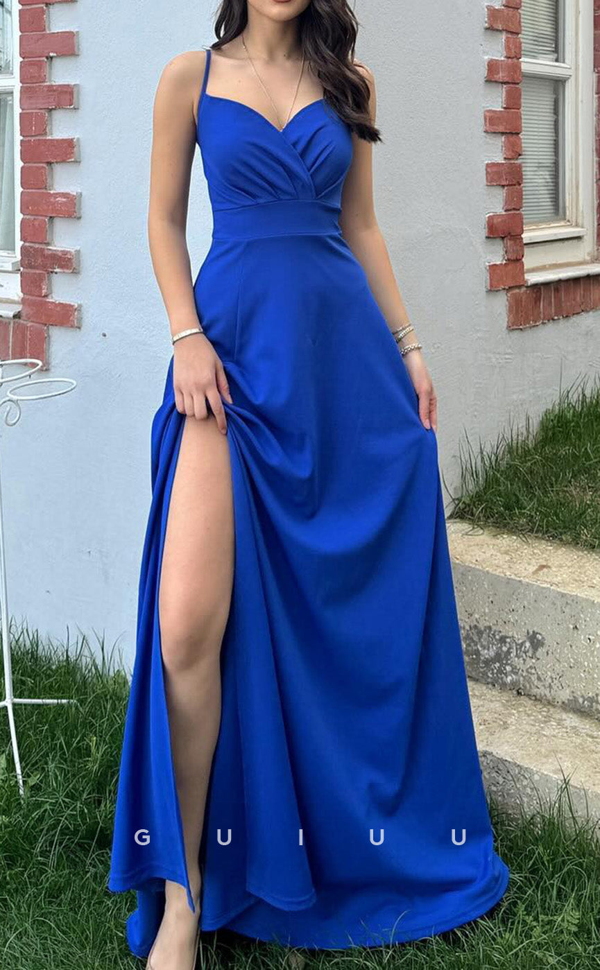 G4701 - A-Line Strapless Straps Sleeveless Pleated Long Evening Gown with High Side Slit