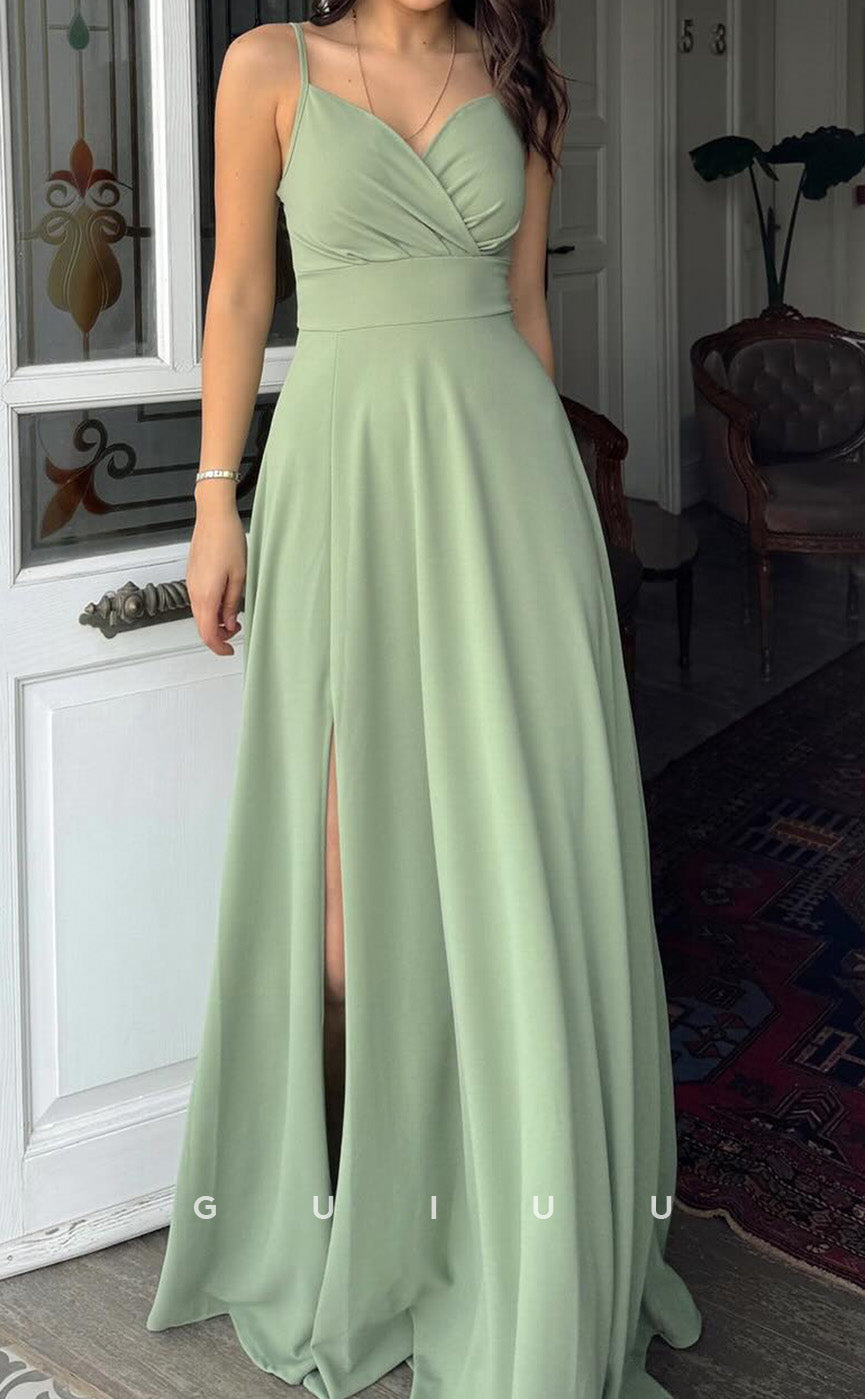 G4701 - A-Line Strapless Straps Sleeveless Pleated Long Evening Gown with High Side Slit