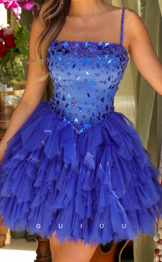 GH895 - A-Line Strapless Straps Sleeveless Tulle Tiered Crystal Back Zipper Homecoming Dress