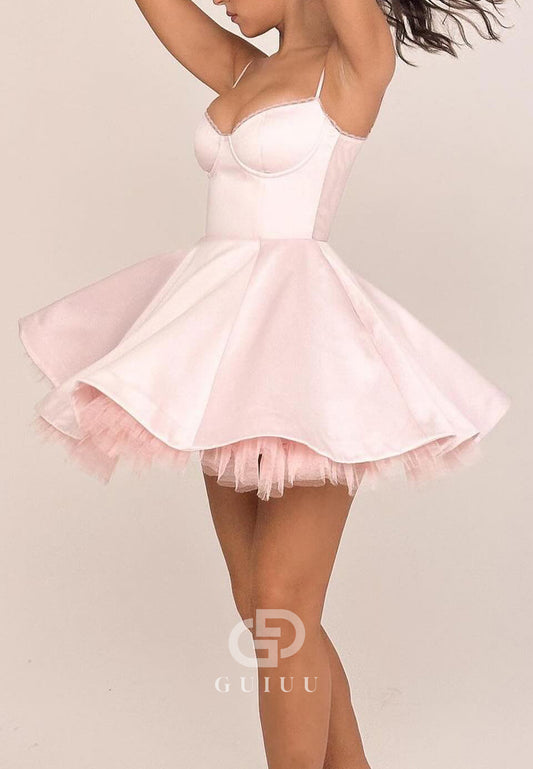 GH974 - A-Line Strapless Straps Sleeveless Tulle Tiered Satin Short Homecoming Dress