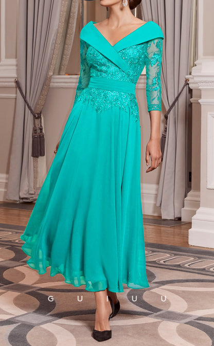 GM150 - A-Line V Neck 34 Length Sleeves Appliques Chiffon Mother of Bride Dress