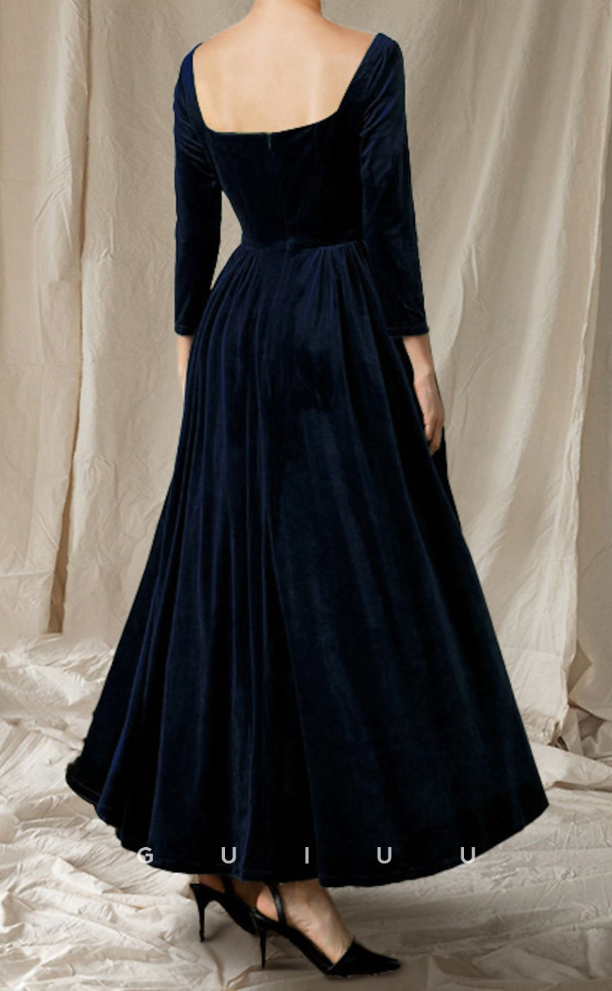 GM130 -  A-Line V Neck Ankle Length Long Sleeves Velvet  Mother of the Bride Dress