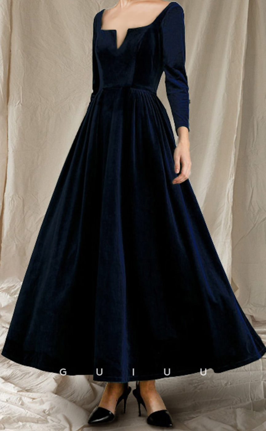 GM130 -  A-Line V Neck Ankle Length Long Sleeves Velvet  Mother of the Bride Dress