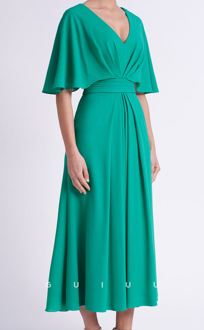 GM188 - A-Line V Neck Hale Sleeves Pleated Tea Lebgth Cocktail Dress Wedding Guest Dress