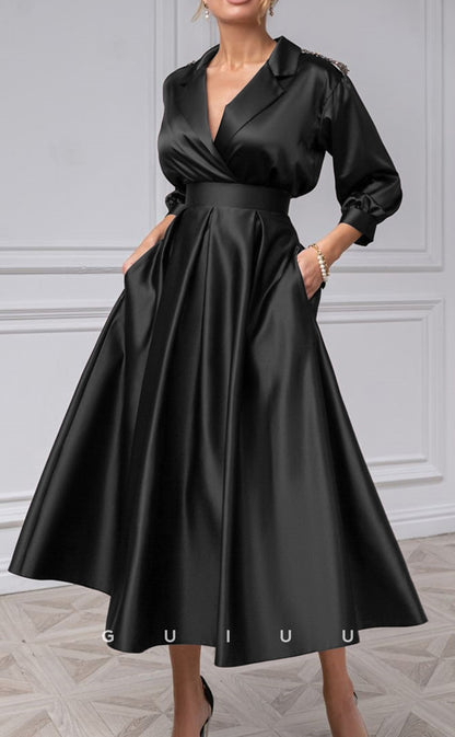 GM218 -  A-Line V Neck Half Sleeves Pleated Tea Length Cocktail Dress Wedding Guest Dress