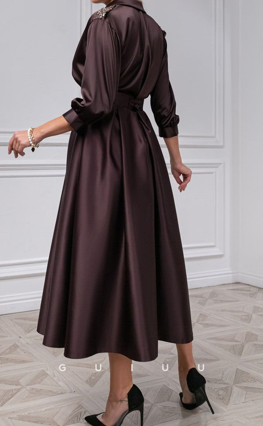 GM218 -  A-Line V Neck Half Sleeves Pleated Tea Length Cocktail Dress Wedding Guest Dress