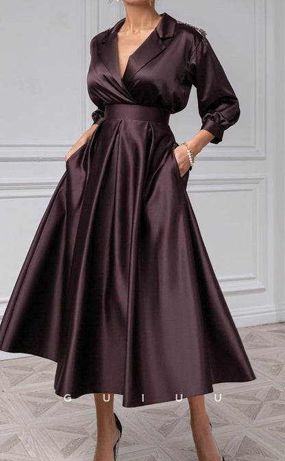 GM218 -  A-Line V Neck Half Sleeves Pleated Tea Length Cocktail Dress Wedding Guest Dress