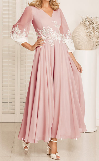 GM147 - A-Line V Neck Long Sleeves Appliques Pleated Chiffon Mother of Bride Dress