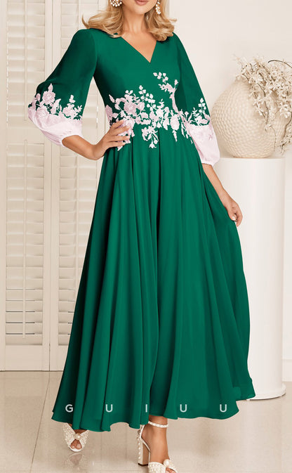 GM147 - A-Line V Neck Long Sleeves Appliques Pleated Chiffon Mother of Bride Dress