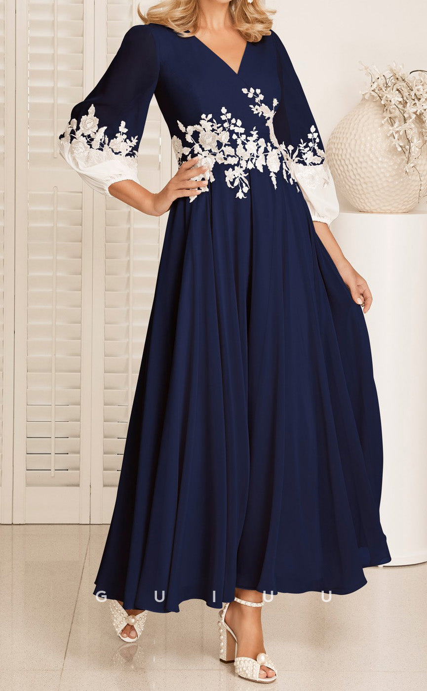 GM147 - A-Line V Neck Long Sleeves Appliques Pleated Chiffon Mother of Bride Dress