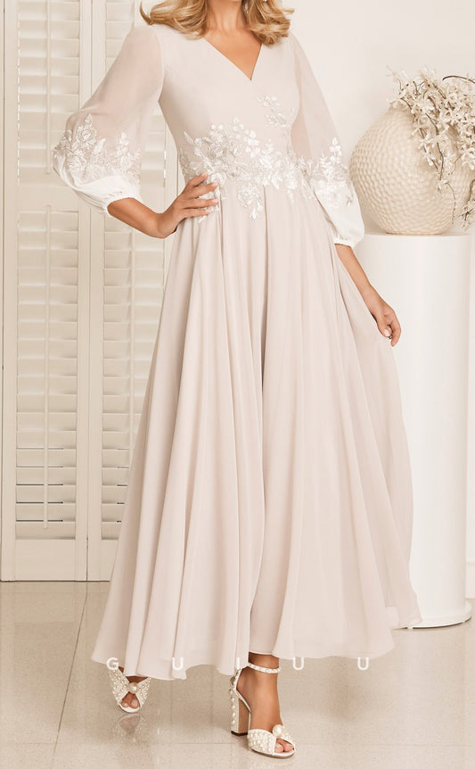 GM147 - A-Line V Neck Long Sleeves Appliques Pleated Chiffon Mother of Bride Dress