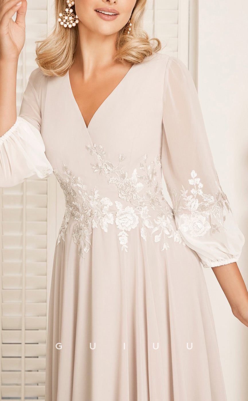 GM147 - A-Line V Neck Long Sleeves Appliques Pleated Chiffon Mother of Bride Dress