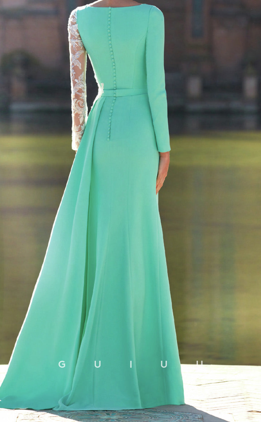 GM279 - A-Line V Neck Long Sleeves Appliques Pleated Long Cocktail Dress with Slit