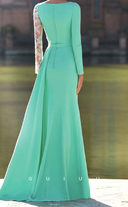 GM279 - A-Line V Neck Long Sleeves Appliques Pleated Long Cocktail Dress with Slit