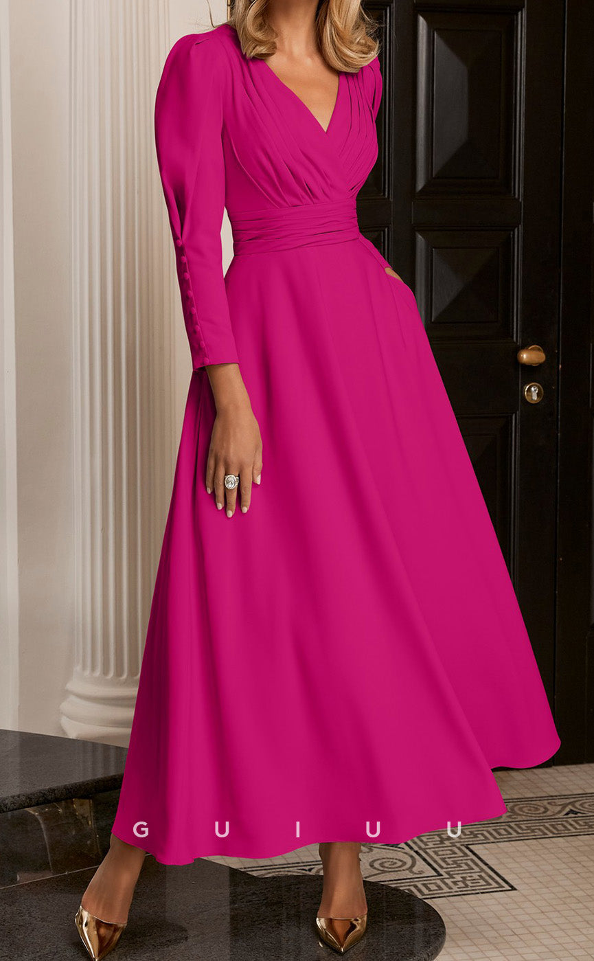 GM146 - A-Line V Neck Long Sleeves Pleated Ruched Mother of Bride Dress