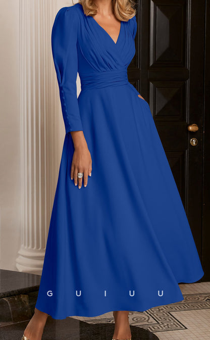 GM146 - A-Line V Neck Long Sleeves Pleated Ruched Mother of Bride Dress