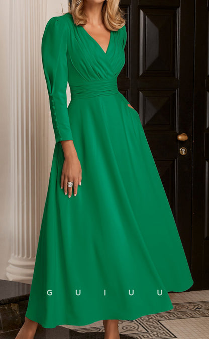 GM146 - A-Line V Neck Long Sleeves Pleated Ruched Mother of Bride Dress