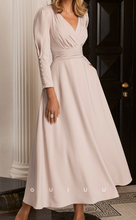 GM146 - A-Line V Neck Long Sleeves Pleated Ruched Mother of Bride Dress