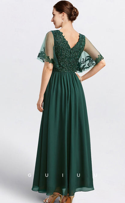 GM029 -  A-Line V Neck Short Sleeves Long Chiffon Mother of the Bride Dress Wedding Guest Gown