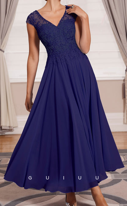 GM149 - A-Line V Neck Sleeveless Appliqued Tea Length Chiffon Mother of Bride Dress