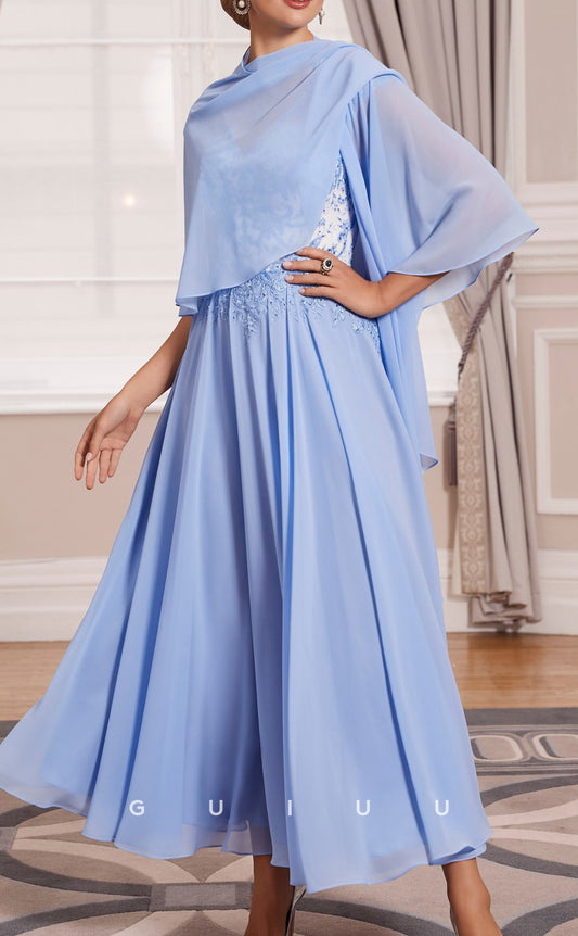 GM149 - A-Line V Neck Sleeveless Appliqued Tea Length Chiffon Mother of Bride Dress