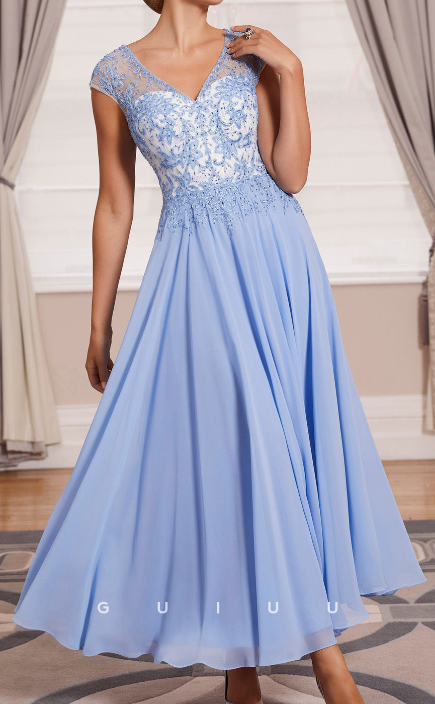 GM149 - A-Line V Neck Sleeveless Appliqued Tea Length Chiffon Mother of Bride Dress