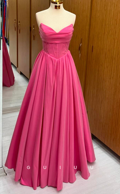 G3737 - A-Line V Neck Sleeveless Pleated Lace Up Stain Long Prom Dress