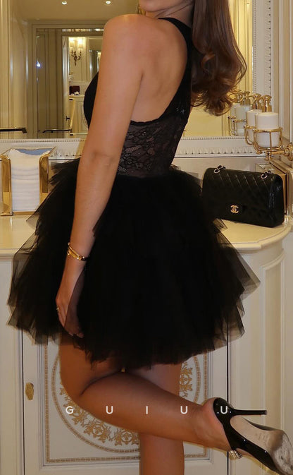 GH949 - A-Line V Neck Strapless Sleeveless Lace Tulle Tiered Black Homecoming Dress