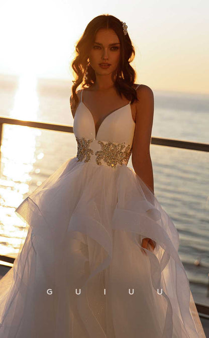 GW900 -  A-Line V Neck Straps Beaded Tulle Tiered Court Train Wedding Dress