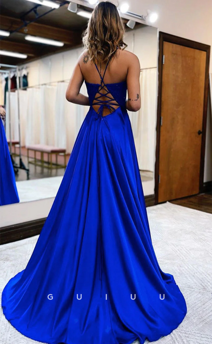 G4634 - Elegant & Timeless A-Line V Neck Straps Criss-Cross Straps High Side Slit Prom Dress