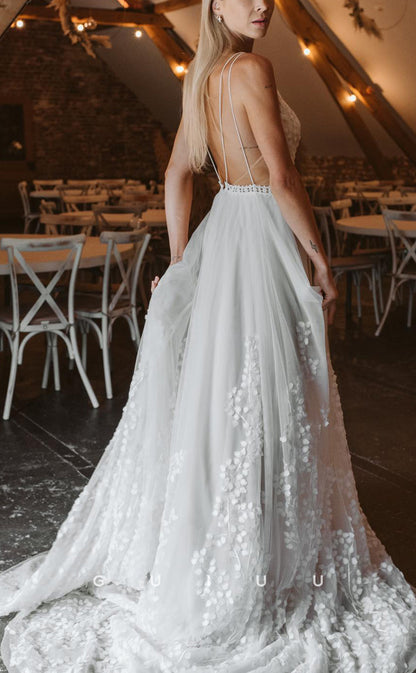 GW1038 -  A-Line V Neck Straps Sleeveless Appliques Boho Wedding Dress with Train