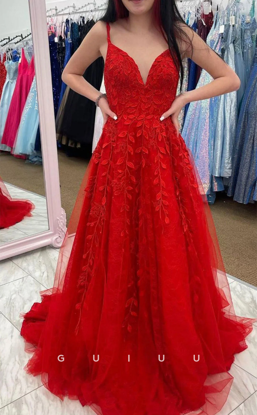 G4624 - A-Line V Neck Straps Sleeveless Appliques Lace-Up Red Prom Dress with Train