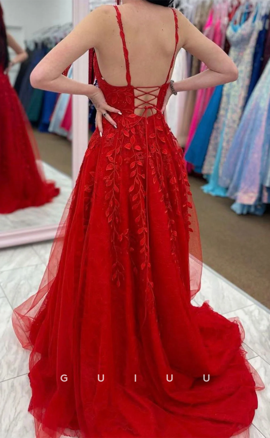 G4624 - A-Line V Neck Straps Sleeveless Appliques Lace-Up Red Prom Dress with Train