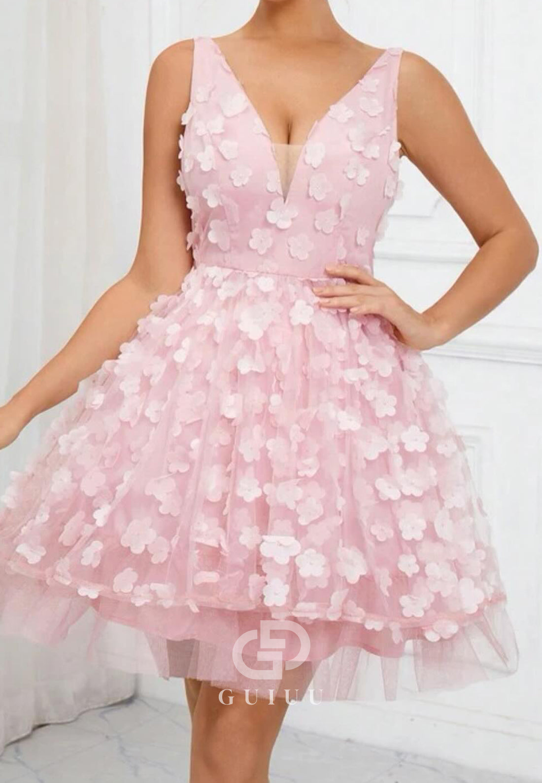 GH975 - A-Line V Neck Straps Sleeveless Back Zipper Tulle Tiered Homecoming Dress with Flowers