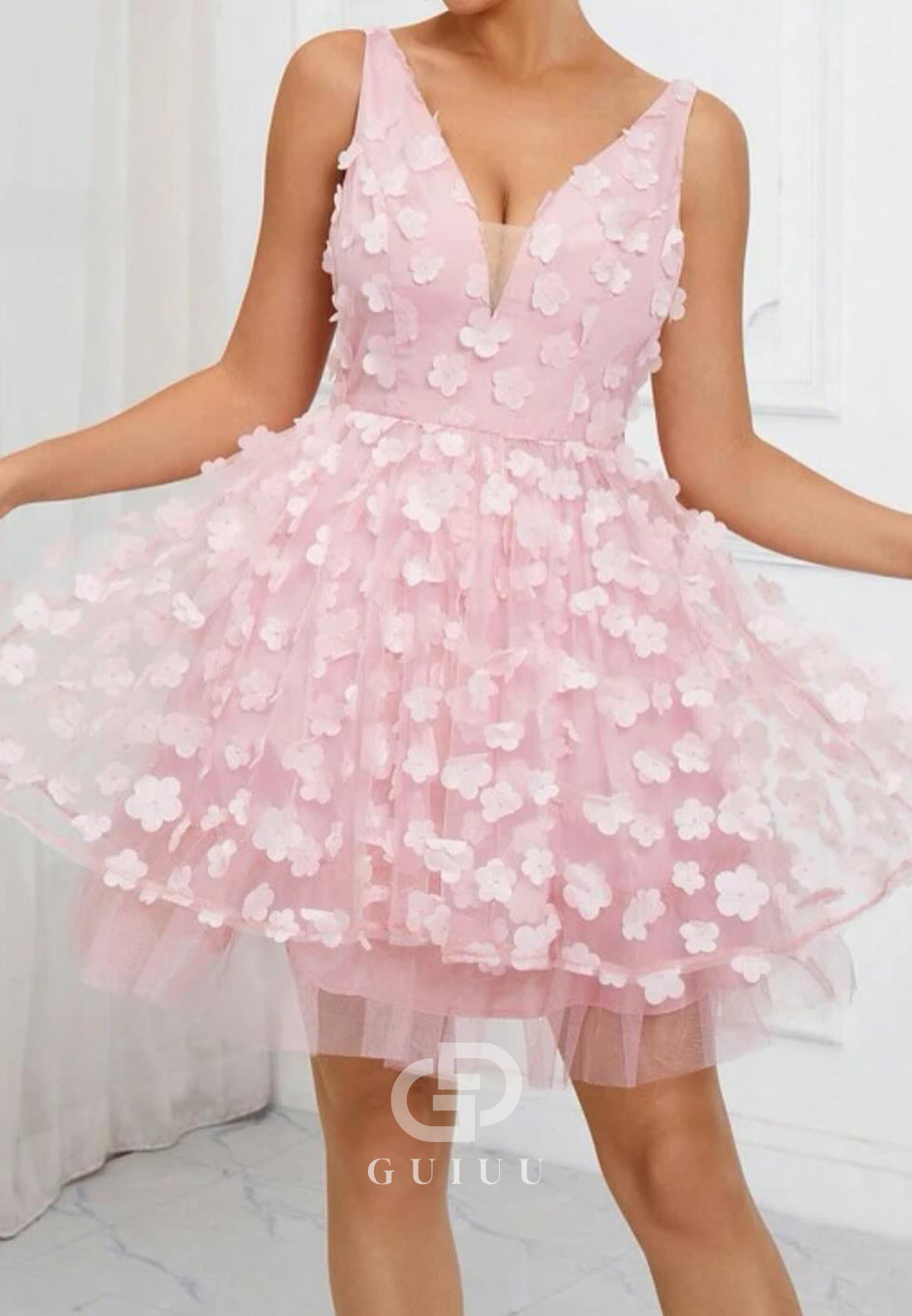 GH975 - A-Line V Neck Straps Sleeveless Back Zipper Tulle Tiered Homecoming Dress with Flowers