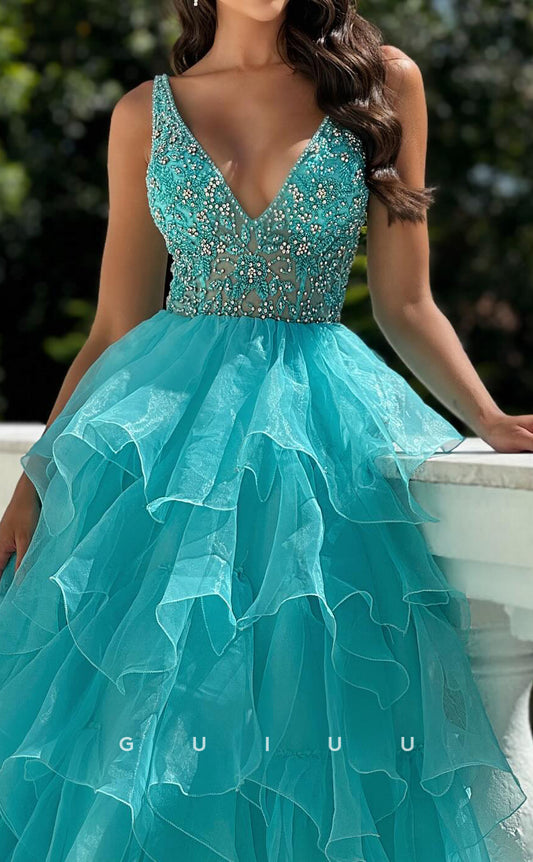 G2543 - A-Line V Neck Straps Sleeveless Beaded Tulle Tiered Long Prom Dress