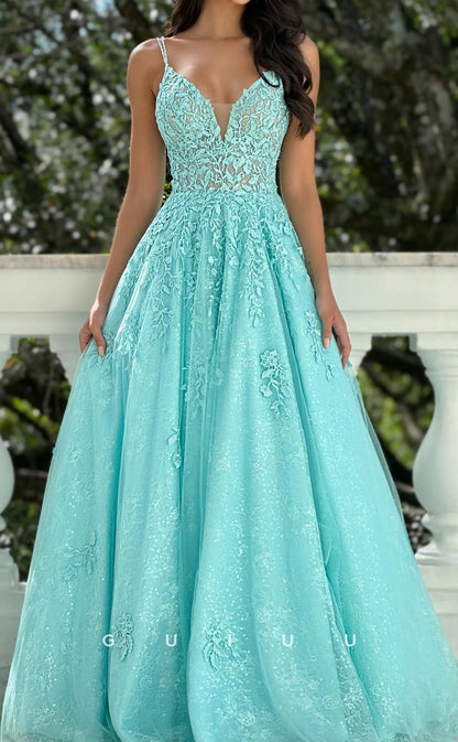 G2799 - A-Line V Neck Straps Sleeveless Fully Appliques Long Prom Dress