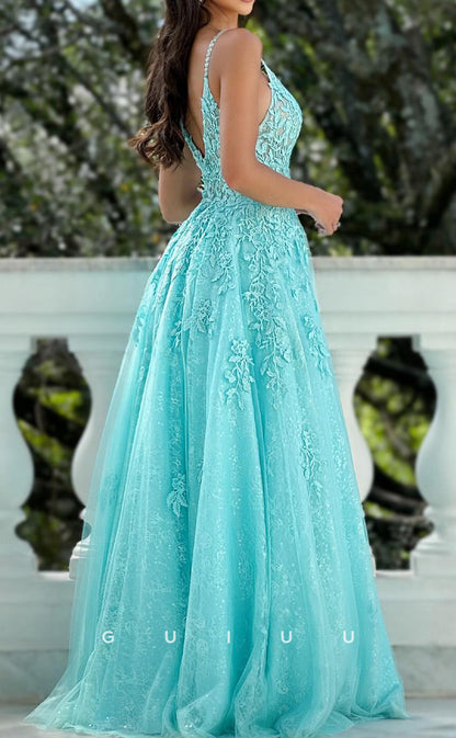 G2799 - A-Line V Neck Straps Sleeveless Fully Appliques Long Prom Dress