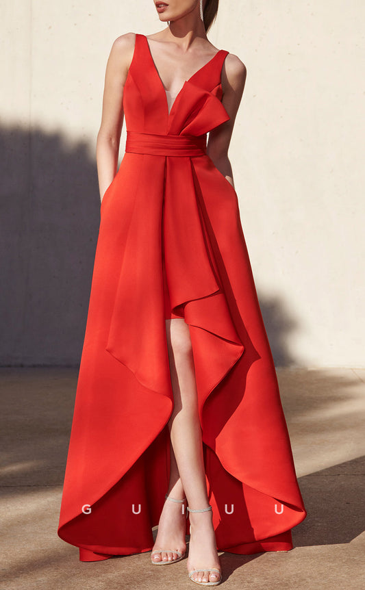 GM295 -  A-Line V Neck Straps Sleeveless Pleated V Back High Low Ruffles Cocktail Dress