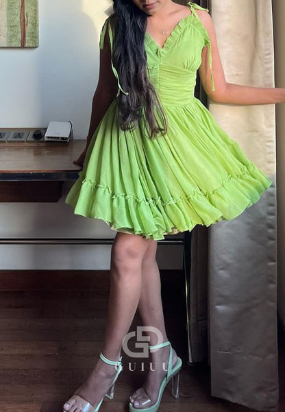 GH999 - A-Line V Neck Straps Sleeveless Ruffles Short Homecoming Dress