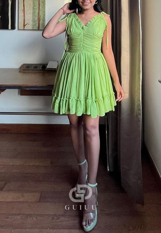 GH999 - A-Line V Neck Straps Sleeveless Ruffles Short Homecoming Dress